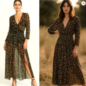 Poupette St Barth M Silk $495 Ilona Maxi Wrap Dress Long Sleeve Sheer Midi Black